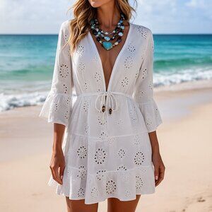 Blue Island White Eyelet Boho Tunic Cover-Up – Size L